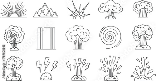 Fifteen nature icons with sun rays, mountains, explosions, lightning and water drops