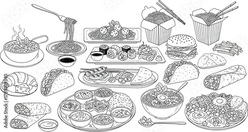 Food Pasta, Soup, Sushi, Burger, Taco, Shawarma on White Background
