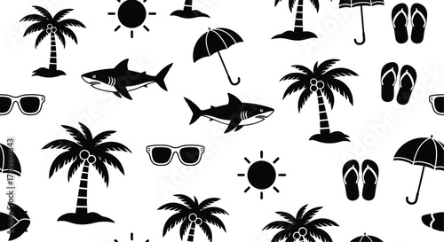 Seamless pattern of black and white tropical beach vacation icons including palm trees sharks umbrellas sunglasses and flip flops