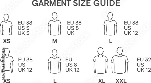 Garment Size Guide Chart with EU, US, UK Sizes in Minimalist Outline Style