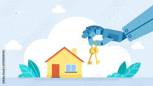 Humanoid robot hand with key, artificial intelligence, assistant, data security, protection. Investing money in real estate. House loan, property mortgage. Power of AI. Vector illustration.