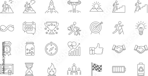 Grey Thin Line Icon Set on White Background With Man Climbing, Rocket, and Trophy