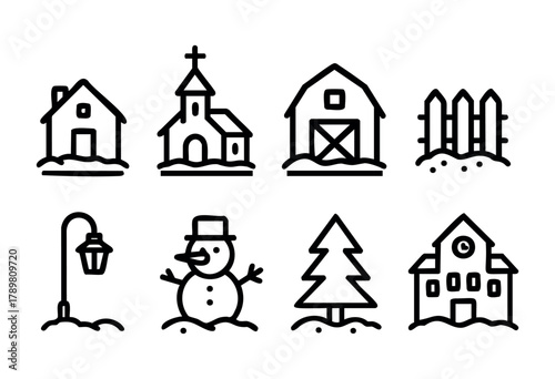 A charming winter scene features various elements like houses, a church, a snowman, and a tree, all surrounded by snow. The artistry captures the cozy feel of a snowy day.