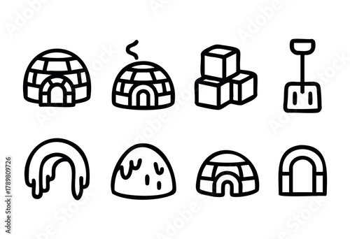 Various drawings show igloos, snow blocks, and a shovel, capturing a winter scene with cozy elements. The designs highlight the chilly atmosphere and snowy surroundings.
