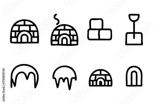 Simple drawings represent igloos, snow blocks, a shovel, and winter elements like icicles. These visuals evoke the essence of cold climates and snowy landscapes.