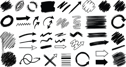 Collection of hand drawn black ink scribbles arrows circles squares and abstract shapes on a white background