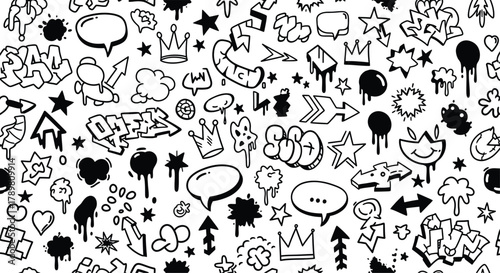 A chaotic and energetic collection of black and white graffiti doodles tags speech bubbles and urban street art elements