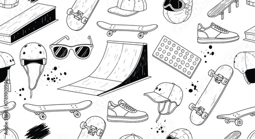 Dynamic black and white sketch collage of skateboarding elements and accessories for urban lifestyle and extreme sports