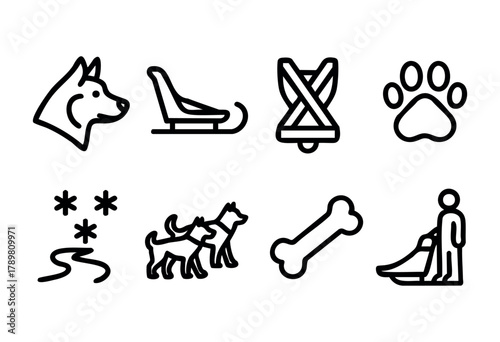 Various icons show winter themes including dogs, a sled, a paw print, and a bone. These graphics represent activities enjoyed by pets and their owners in snowy settings.