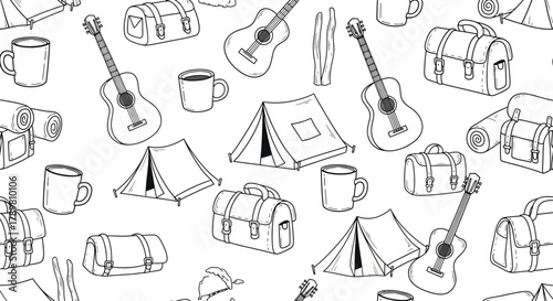 Collection of hand drawn sketches of camping gear including tents backpacks and guitars with mugs scattered across a white background