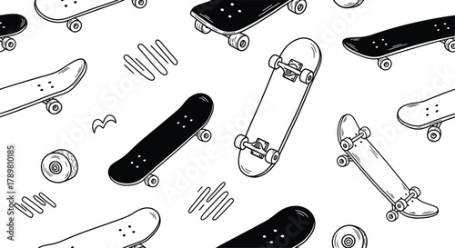 Collection of hand drawn black and white illustrations of skateboards and skateboard parts scattered across a white background