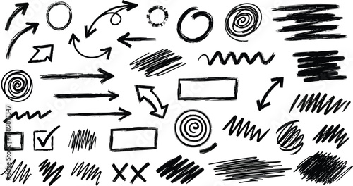 Hand Drawn Arrows Circles Boxes Scribbles and Check Marks Design on White