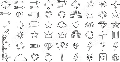 Hand Drawn Arrows Stars Hearts Crown Diamond Rainbow Doodle Icons on White