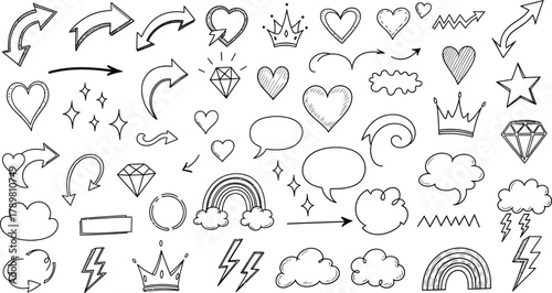 Hand Drawn Arrows Hearts Diamonds Clouds Speech Bubbles Doodles on Transparent