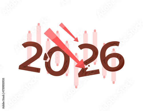 2026 economic crisis. Global financial and economic conditions decline and collapse. Illustration of the number 2026, a descending arrow, a candlestick chart. Stock market crash. Concept or metaphor. 
