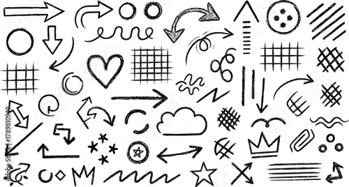 Hand Drawn Arrows, Lines, Hearts, and Shapes in Black and White Seamless Pattern