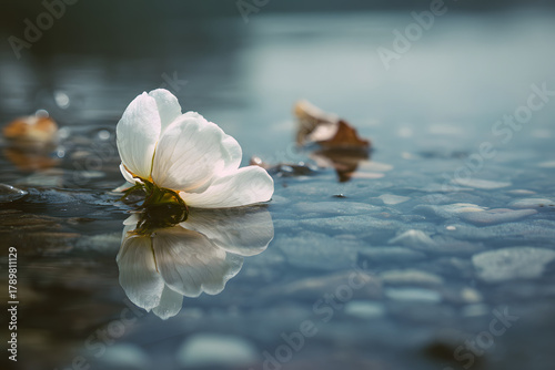 fallen white petal resting on calm water surface with natural reflection creating a peaceful condolence scene