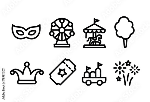 A collection of icons features symbols of a fun fair, including a ferris wheel, carousel, mask, and fireworks. These elements capture the joy and entertainment of a festive event.