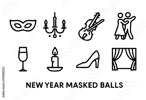 Festive scenes of New Year's masked balls showcase an elegant atmosphere with masks, chandeliers, candles, and couples dancing. Celebrate in style with music, drinks, and celebration.