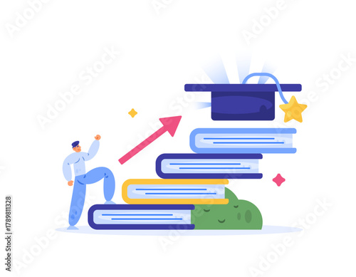 process, progress, and effort to graduate. educational investment. illustration of a student climbing a pile of books to reach a graduation cap. concept or metaphor. flat style. white background