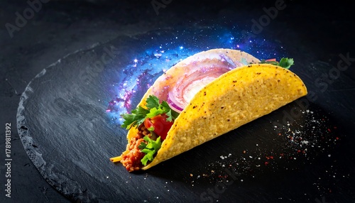 Tacos on a Slate Plate with a Cosmic Background.