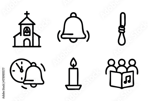 Bell rings to signal the start of a church service as worshippers gather. A candle is lit, adding to the serene atmosphere. Time symbol indicates the schedule for the event.