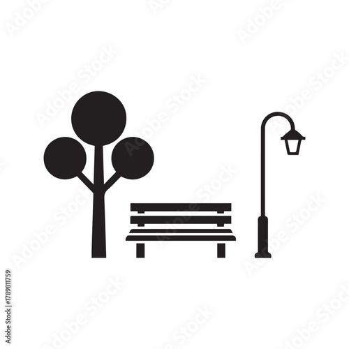 City Park icon with bench, tree, and lamppost. Public garden or outdoor recreation area symbol. Simple vector illustration for relaxation and leisure.
