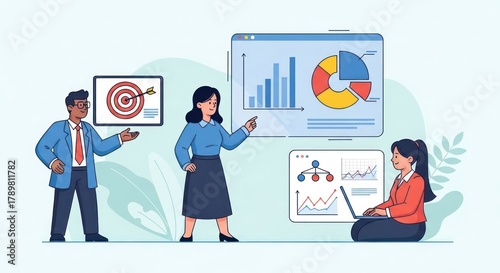 Flat Illustration of Diverse People Analyzing Data and Charts for Business Growth