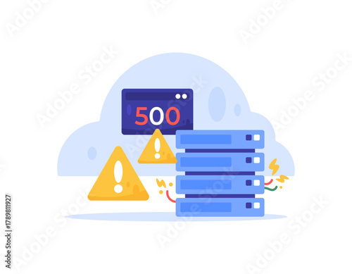 error 500. error message on website. Internal Server Error. illustration of a broken server device with warning sign and cloud elements. concept or metaphor. flat style. white background.