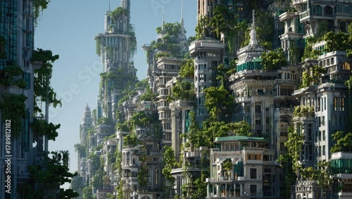 Futuristic city with tall, vine-covered buildings and abundant greenery growing on balconies and terraces. Concept Futuristic metropolis with vine-covered towers