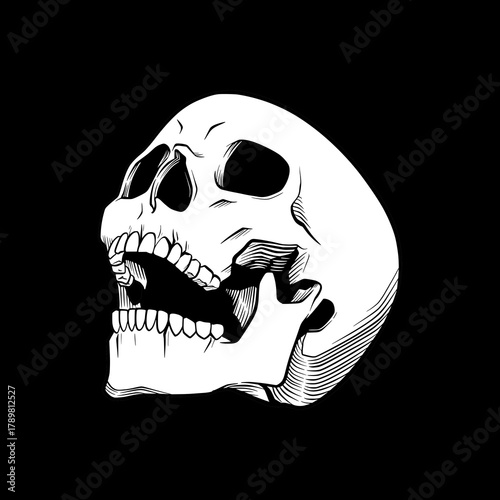 Skull with Open Mouth Vector Illustration, Ideal for themes related to horror, Halloween, death, rock music, or gothic design.