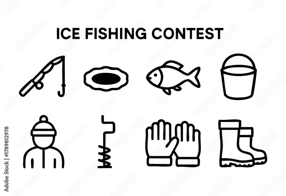 Fototapeta premium Participants gather for an ice fishing contest featuring fishing rods, gear, and competition on a frozen lake. The atmosphere is lively and filled with winter fun as they aim to catch fish.