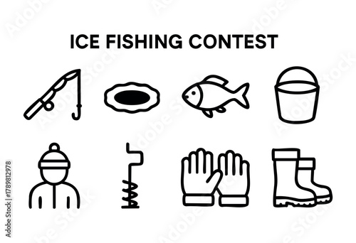 Participants gather for an ice fishing contest featuring fishing rods, gear, and competition on a frozen lake. The atmosphere is lively and filled with winter fun as they aim to catch fish.