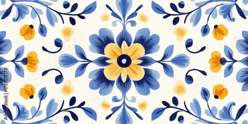Seamless blue and yellow floral pattern with stylized flowers and leaves in ornamental traditional design. Vintage botanical repeat design for textile and wallpaper.