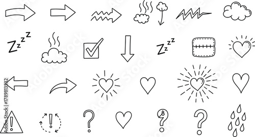 Hand Drawn Doodle Icons Set with Arrows Hearts Check Mark and Question Marks