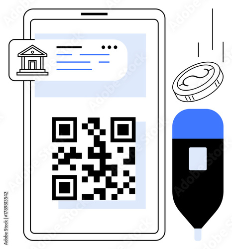 Smartphone with QR code, bank notification, and stylized pen. Ideal for fintech, e-payment, banking, QR scanning, digital transactions e-commerce cashless society. Simple flat metaphor