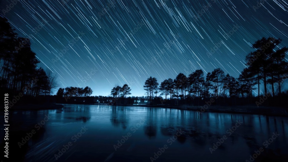 Fototapeta premium Star trails streak across the night sky above a calm lake, framed by silhouettes of trees along the shore. Concept Star Trails Over Lake, Night Sky Photography, Silhouettes by the Shore