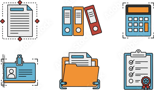 Modern office icons track progress, organize documents, and manage finances.