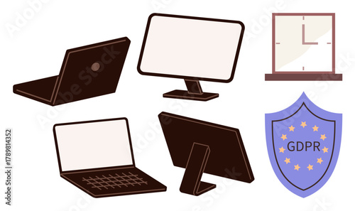 Laptops, computer monitors, and a GDPR shield highlight themes thumbs up cybersecurity, data privacy, regulation compliance, protection, digital workspace, time management and simplicity. Ideal