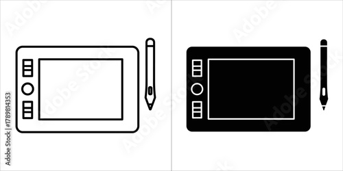 Two graphic tablets with pen, one in black and white and the other in black
