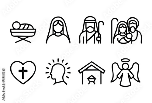 Various simple line icons depict elements of the Nativity scene, including Mary, Joseph, Jesus, a shepherd, and angel, illustrating the Christmas story and themes of faith.
