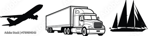 Airplane, truck, and sailboat represent global transport and logistics