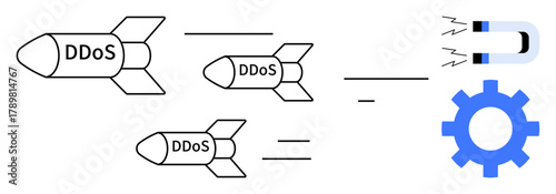DDoS missiles moving toward a magnet and gear, symbolizing attack interception. Ideal for cybersecurity, defense systems, problem-solving, digital protection, IT security, strategies, simple flat