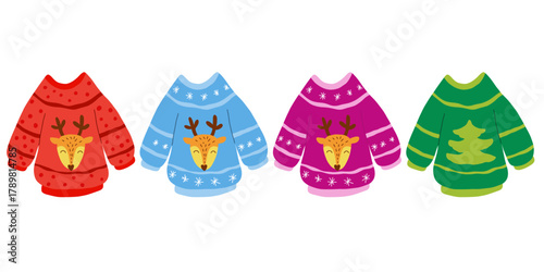Christmas Ugly Sweater with deer. Cartoon winter sweater set. Knitted comfort christmas cozy clothing. Wool cozy cute hand drawn cardigan. Vector illustration isolated on white background.