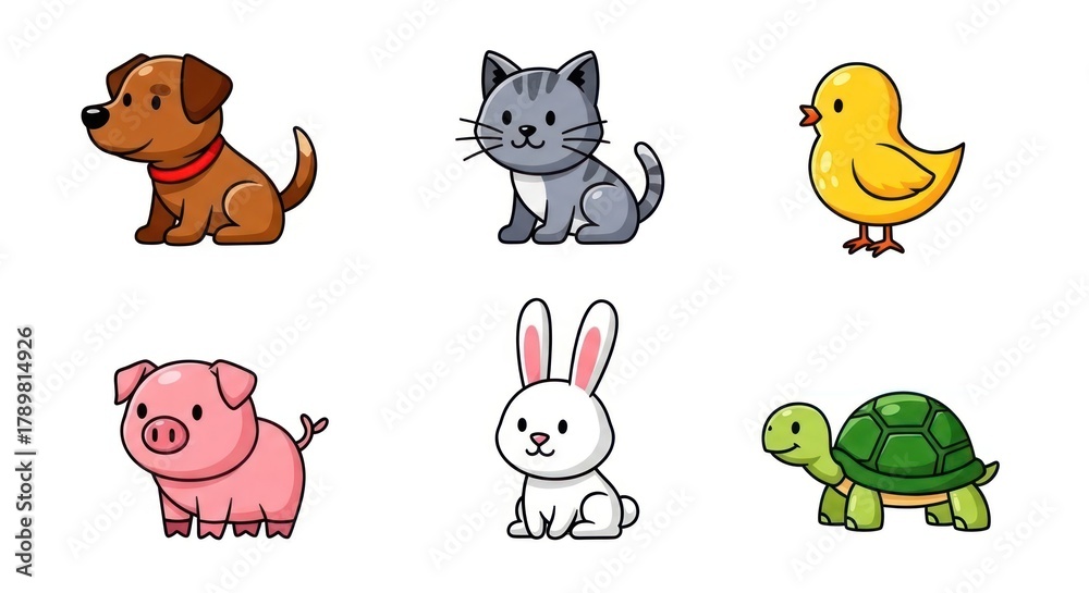 Obraz premium Cute Handdrawn Domestic Animal Character Cartoon Style Illustration Set