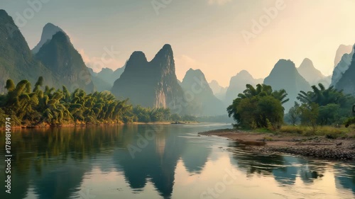 Landscape of Guilin, Li River and Karst mountains. Located near Yangshuo County, beautiful mountain range with a river running through it. water is calm and clear, trees are lush and green