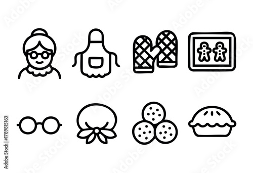 A collection of simple line drawings features a grandmother figure, kitchen apron, oven mitts, a family photo frame, glasses, a headscarf, cookies, and a pie, symbolizing home and love.