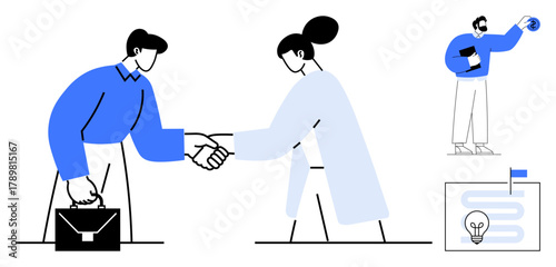 Two professionals handshake, colleague presents innovative idea with growth path and goal. Ideal for teamwork, collaboration, negotiation, innovation, leadership, goal setting, business success