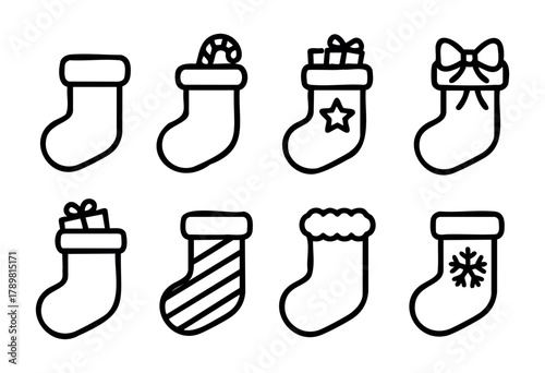 Collection of Christmas stocking designs featuring candy canes, gifts, bows, and seasonal motifs, perfect for holiday decorations and celebrations.