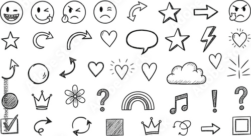 Hand Drawn Doodle Sketch Set with Arrow, Heart, Crown, Star, Rainbow on White Background